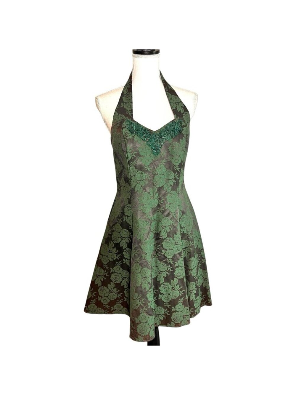 Vintage Ariana Green Floral Halter Dress Y2K Fairycore Made USA Small Party